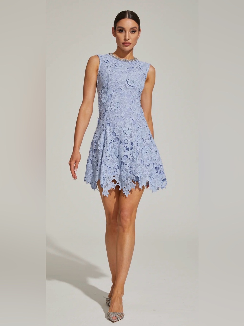 Abundance Ophelia Light Blue Floral Lace Mini Dress with diamond detail-Small